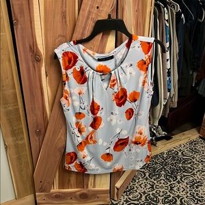 Pleated Sleeveless Blouse in Blue and Gray with Orange Floral Design